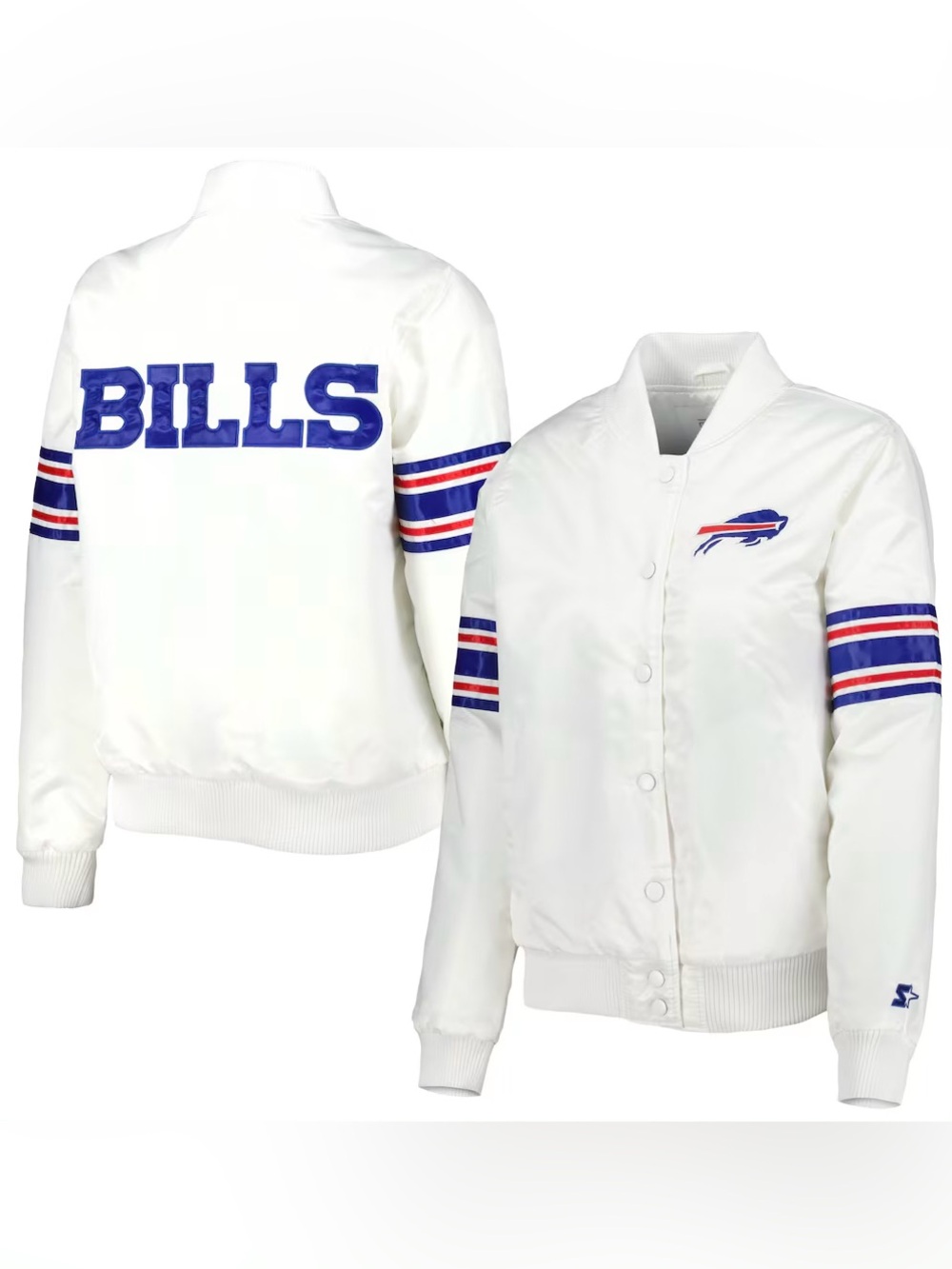 $124 Women Starter White Buffalo Bills Line Up Satin FullSnap Varsity Jacket 2XL